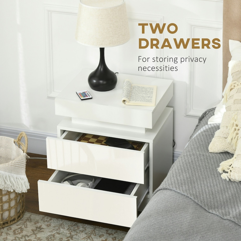 image 1 of HOMCOM High Gloss Bedside Table with LED Light and 2 Drawers, White