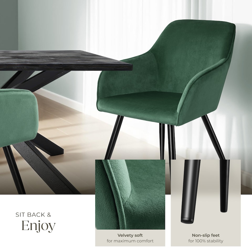 image 1 of Dining Chair Marilyn - with armrests, padded, velvet look, black steel legs | Green | dark green / black | 2