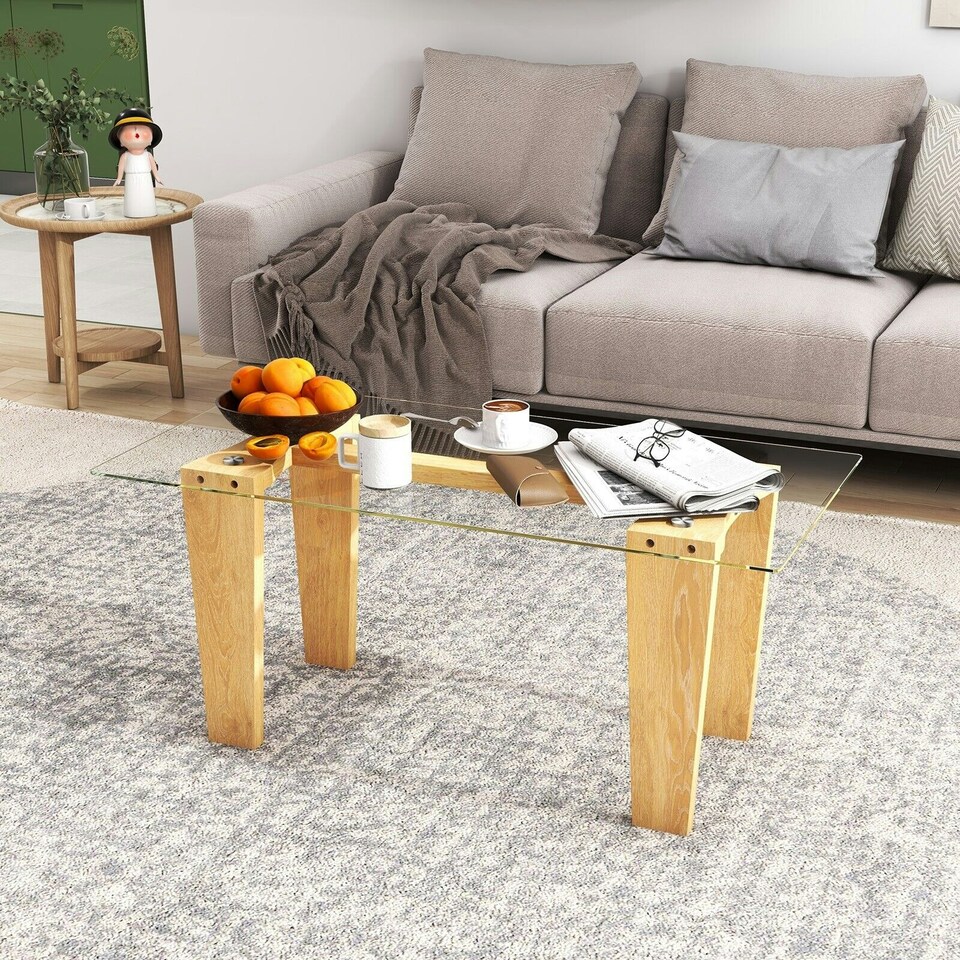 image 1 of COSTWAY Rectangle Coffee Table Tempered Glass Top Center Table Brown