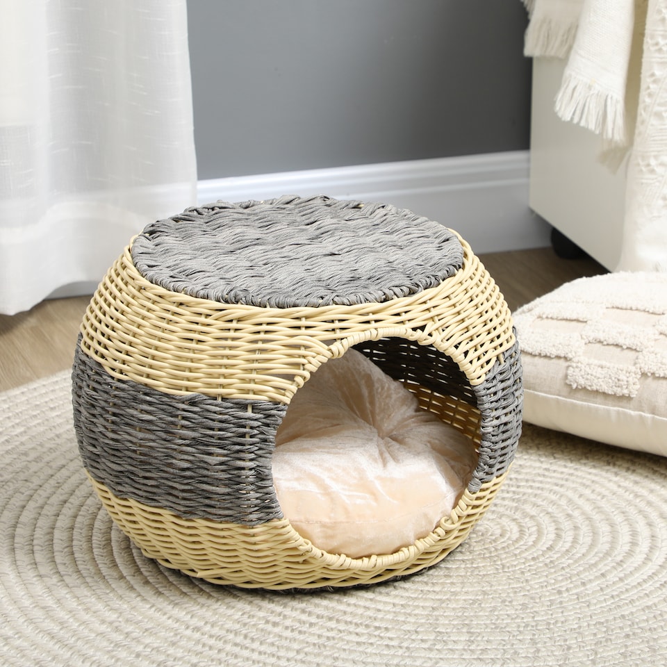 image 1 of PawHut Wicker Cat House, Rattan Raised Cat Bed with Soft Cushion, 40 x 30cm