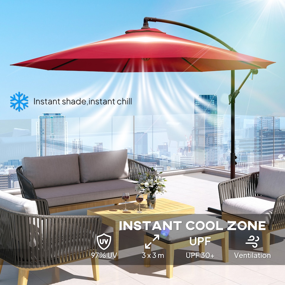 image 1 of Outsunny 3m Garden Banana Parasol Hanging Cantilever Umbrella with Crank Handle, 8 Ribs and Cross Base for Outdoor, Sun Shade, Wine Red