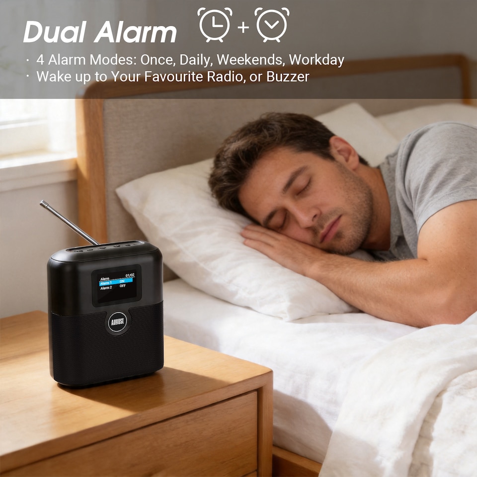 image 1 of Rechargeable DAB/DAB+/FM Radio Dual Alarm Clock & Bluetooth Speaker, Colour LCD Screen, AUX In/Out, for Bedside, Kitchen, Office or Outdoor - August MB330B
