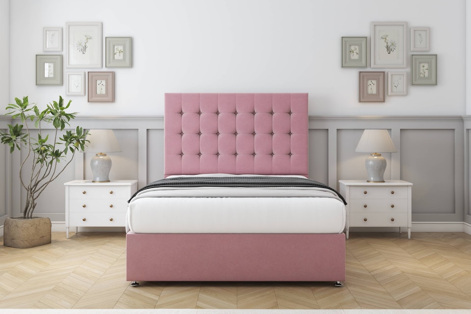image 1 of Sloomy Alabama Pink Plush Divan Bed Base No Drawers With 26 Inch Strutted Headboard | Pink | Pink | King | 1