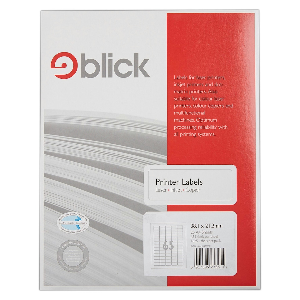 image 1 of Blick 65 Per Sheet 25 Sheets, 38.1mm x 21.1mm, Rectangular, White, 1625 Labels