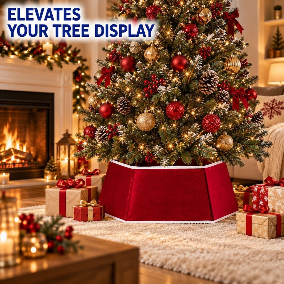 image 1 of 26.8 Inch Hexagonal Fabric Christmas Tree Collar for a Neat Festive Finish