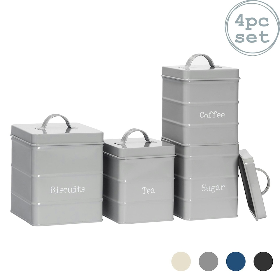 image 1 of Harbour Housewares 4 Piece Grey Vintage Metal Kitchen Canisters Set Utility Storage Utility Containers Storage Box Storage Container