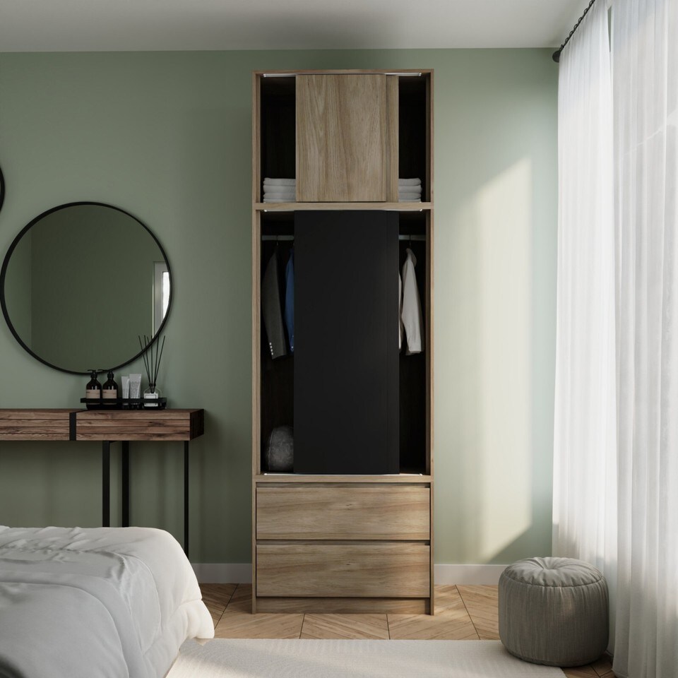 image 1 of 240cm 2 Sliding Doors Wardrobe Bedroom Storage Closet Hanging Rail Cupboard Unit | Multi | Oak Carcass & Black Doors | 1