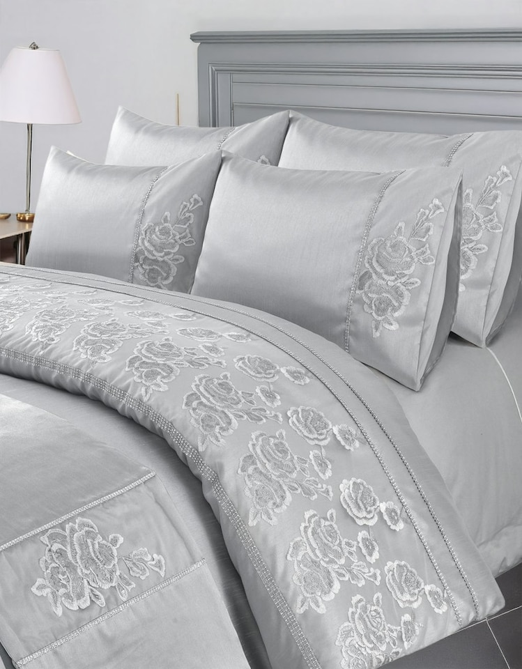 image 1 of Duvet Cover And Pillowcase Set Silver Or Pink Embroided Luxury Design Polyester Bed Linen Silver | Silver | Double