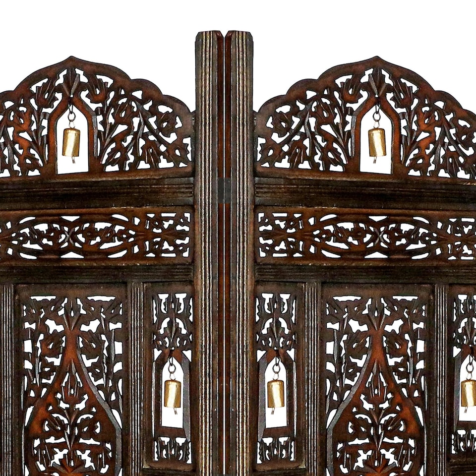 image 1 of 4 Panel Heavy Duty Carved  Screen Wooden Bells Design Room Divider Dark Brown 200 x 180 cm | Brown | Dark Brown | 200 x 180 cm