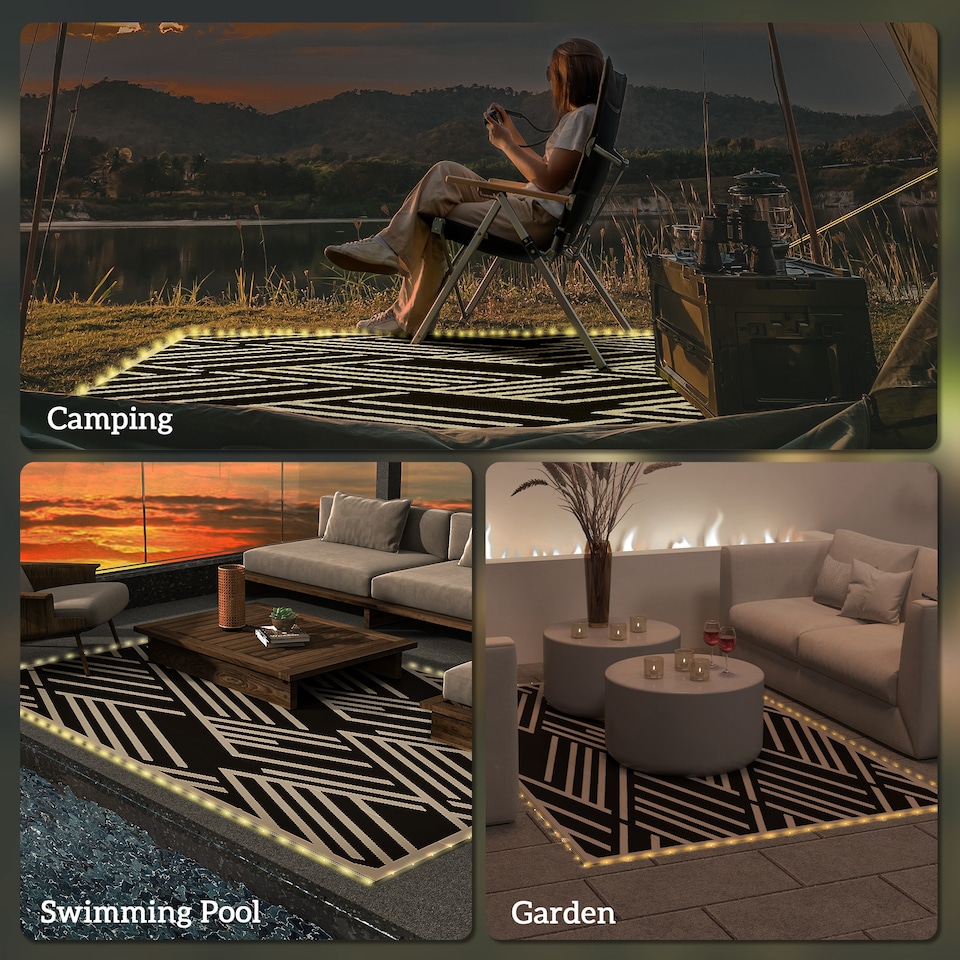 image 1 of Outsunny Waterproof Outdoor Rug W LED String Light, 182 x 274cm, Black & White | Black | Black and Coffee | 182 x 274 x 0.3cm