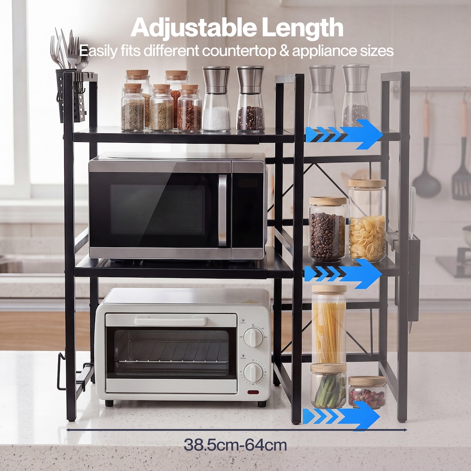 image 1 of TOQUE 3 Tier Expandable Microwave Oven Rack Stand Kitchen Storage Shelf Black