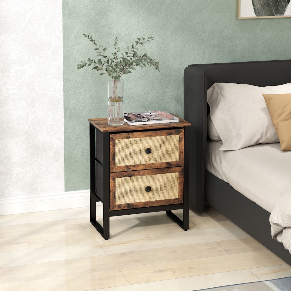 image 1 of HOMCOM Bedside Table, Side Table with 2 Rattan Drawers, Bedside Cabinet with Storage and Steel Legs for Bedroom, Living Room, Rustic Brown