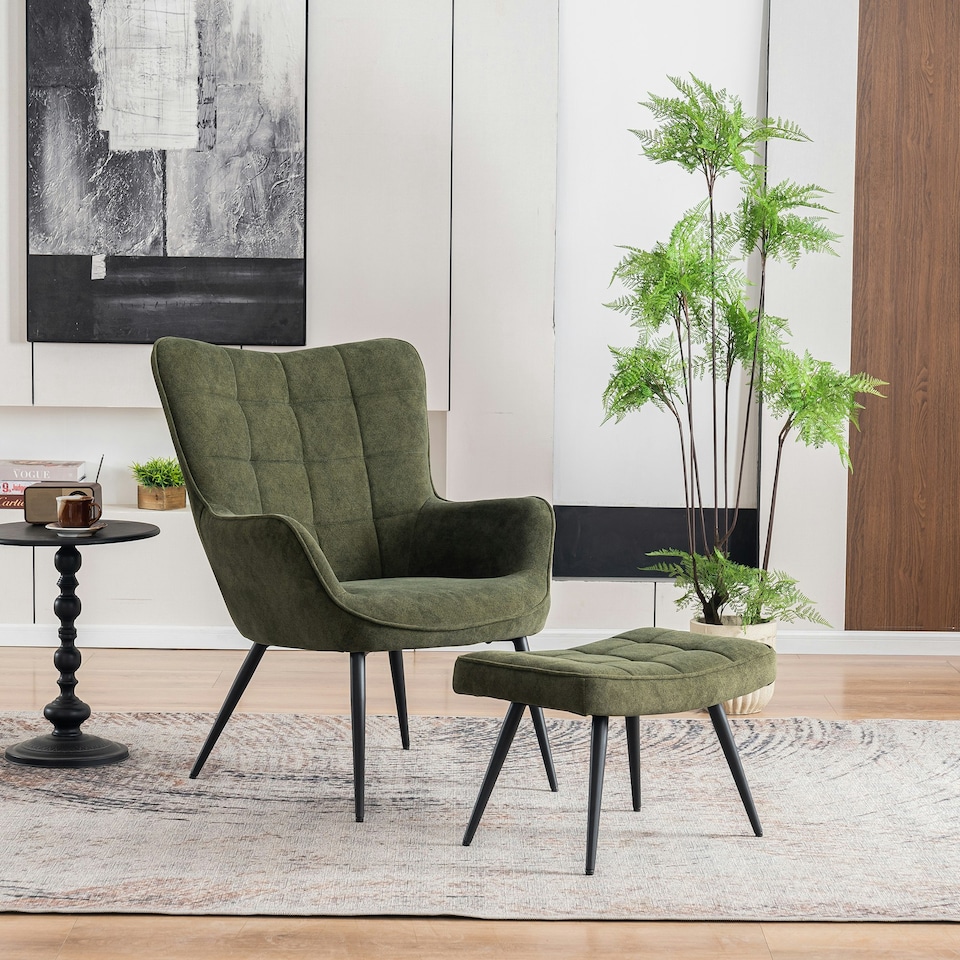 image 1 of Vera Velvet Occasional Living Room Modern Accent Chair with Footstool (Green)