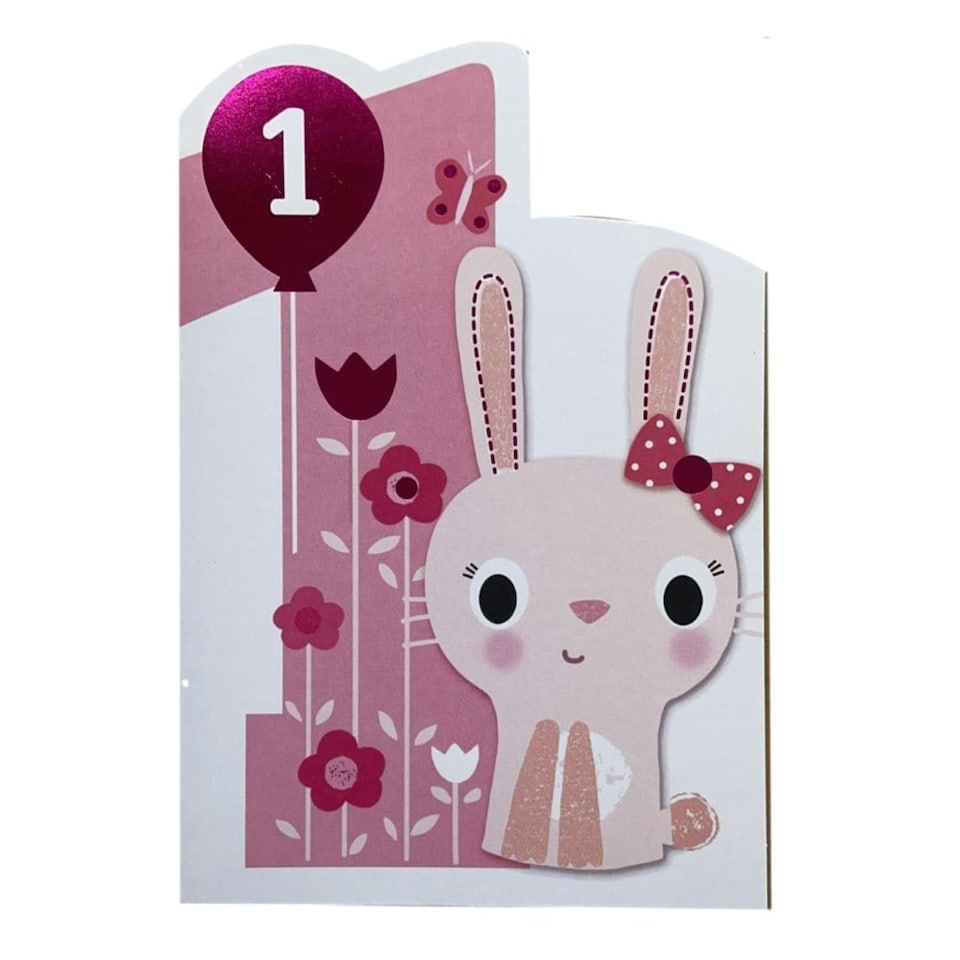 image 1 of Age 1 Cute Bunny Die Cut Design Girl First Birthday Card