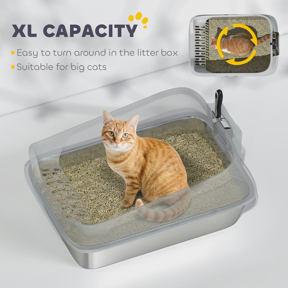 image 1 of PawHut XL Stainless Steel Cat Litter Box with High Sides, 60 x 40 x 30 cm Grey