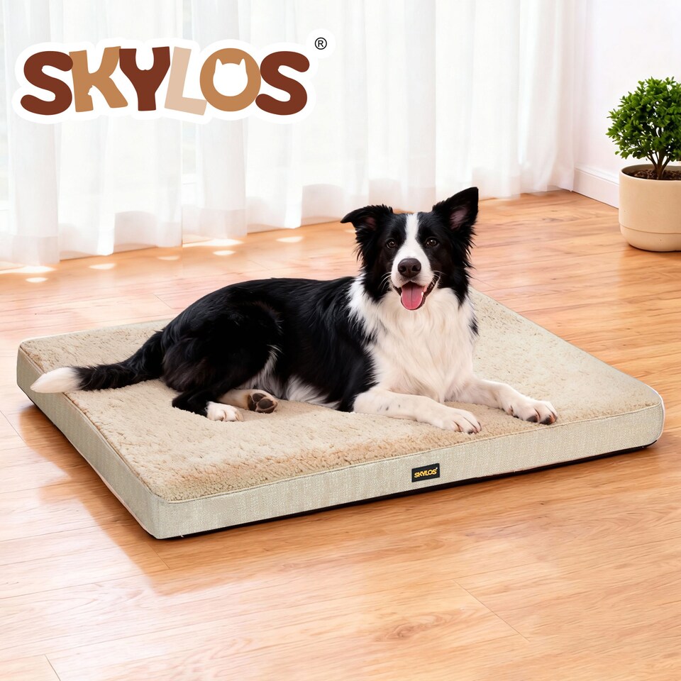 image 1 of Skylos Dog Bed Washable Pet Cushion Cage Mattress Crate Mat Non Slip Soft Fleece | Cream | M | M