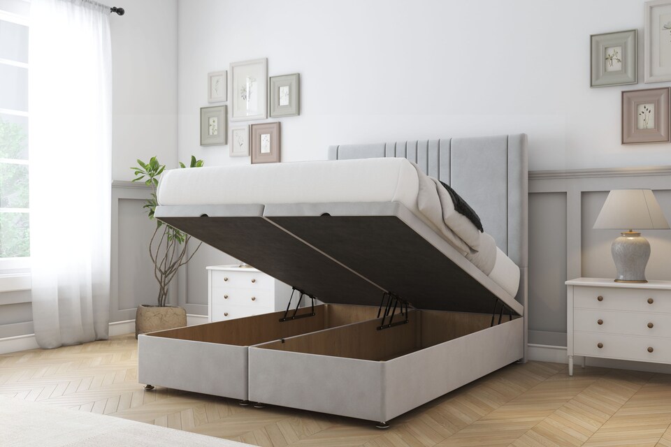 image 1 of Sloomy Harrington Silver Plush Ottoman Bed With Mattress With 26" Strutted Headboard 6' Super King