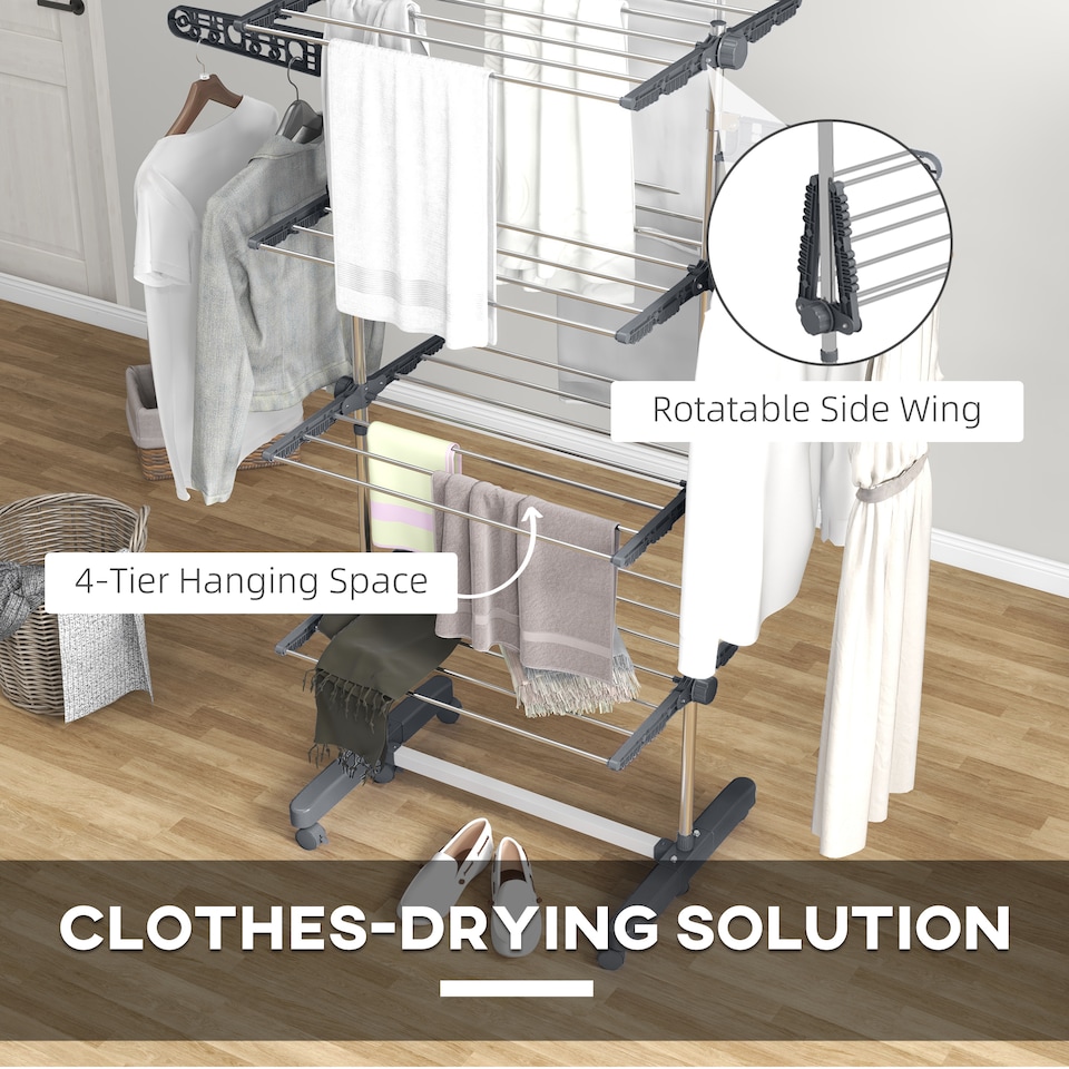 image 1 of HOMCOM 4-Tier Clothes Airer, Stainless Steel Foldable Clothes Drying Rack with Wheels and Wings, Indoor and Outdoor, Easy Assembly, 142 x 55 x 172cm, Grey