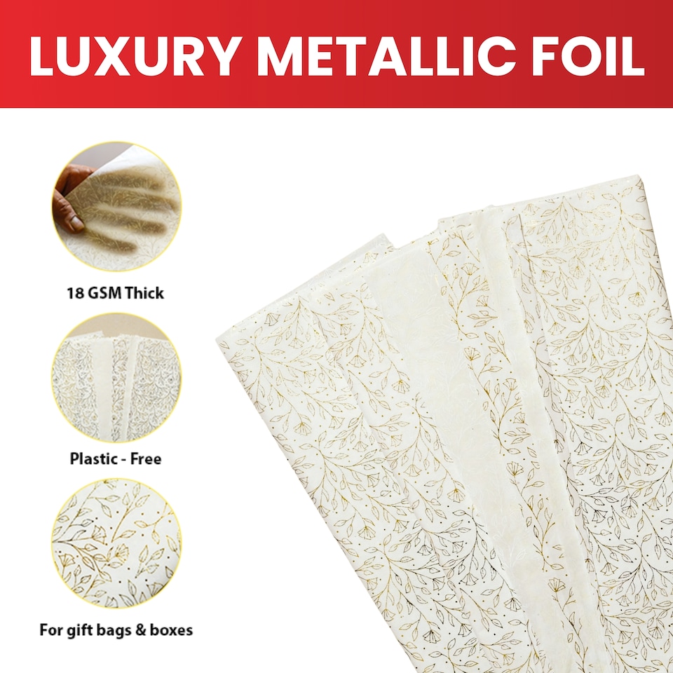 image 1 of Pack of 30 Flowers Garden Gold Metallic Plastic-Free 18gsm Tissue Paper Sheets 50x70cm - Patterned Tissue Paper for Xmas, New Year, Party, Wedding, Birthday Packing Present Gift Box DIY Art Crafts