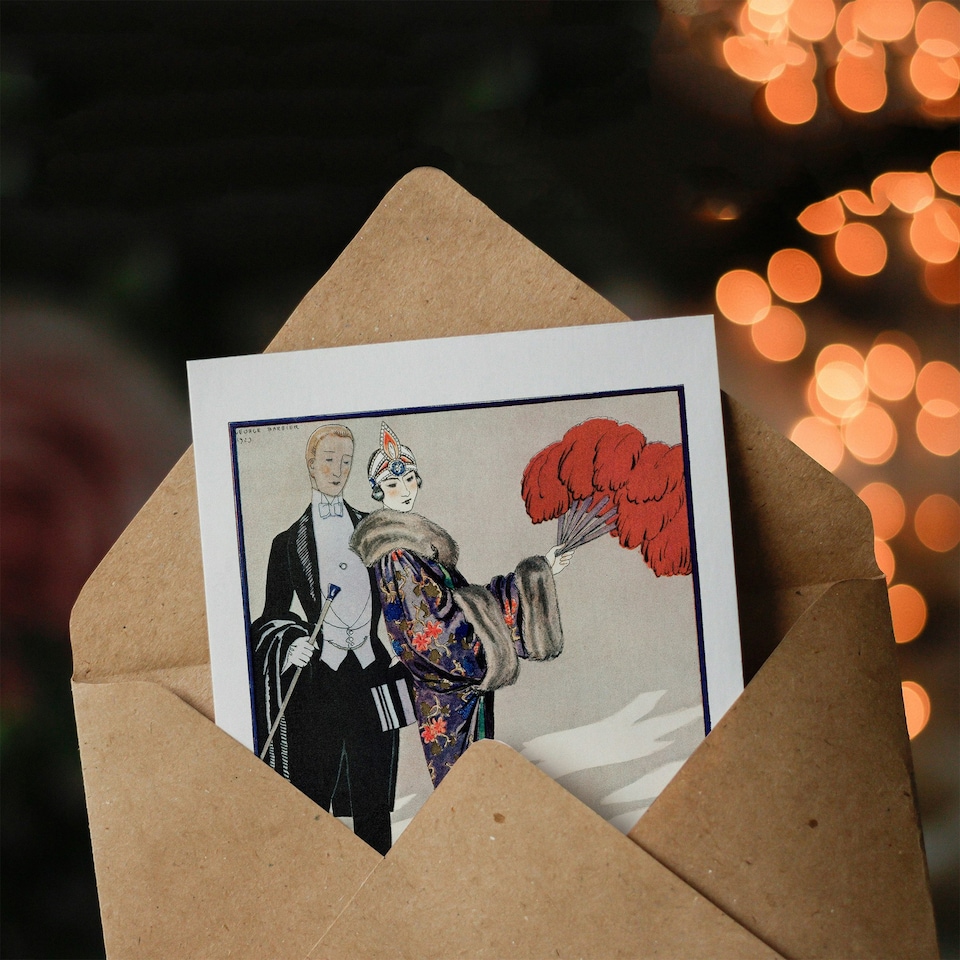 image 1 of George Barbier Art Card Leaving for the Casino Vintage Fashion