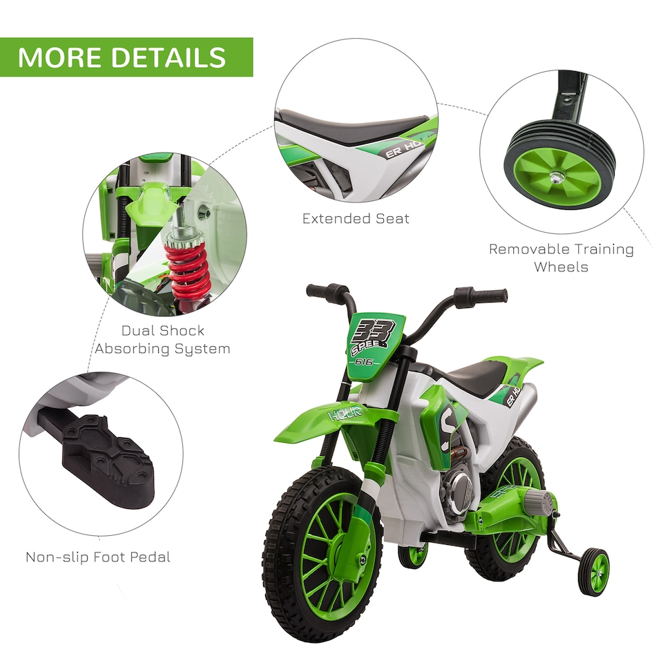 image 1 of HOMCOM Kids Electric Motorbike, 12V Battery Powered Kids Motorbike for Boys and Girls with Training Wheels, Start-up Button, Pedal, for Ages 3-5 Years - Green