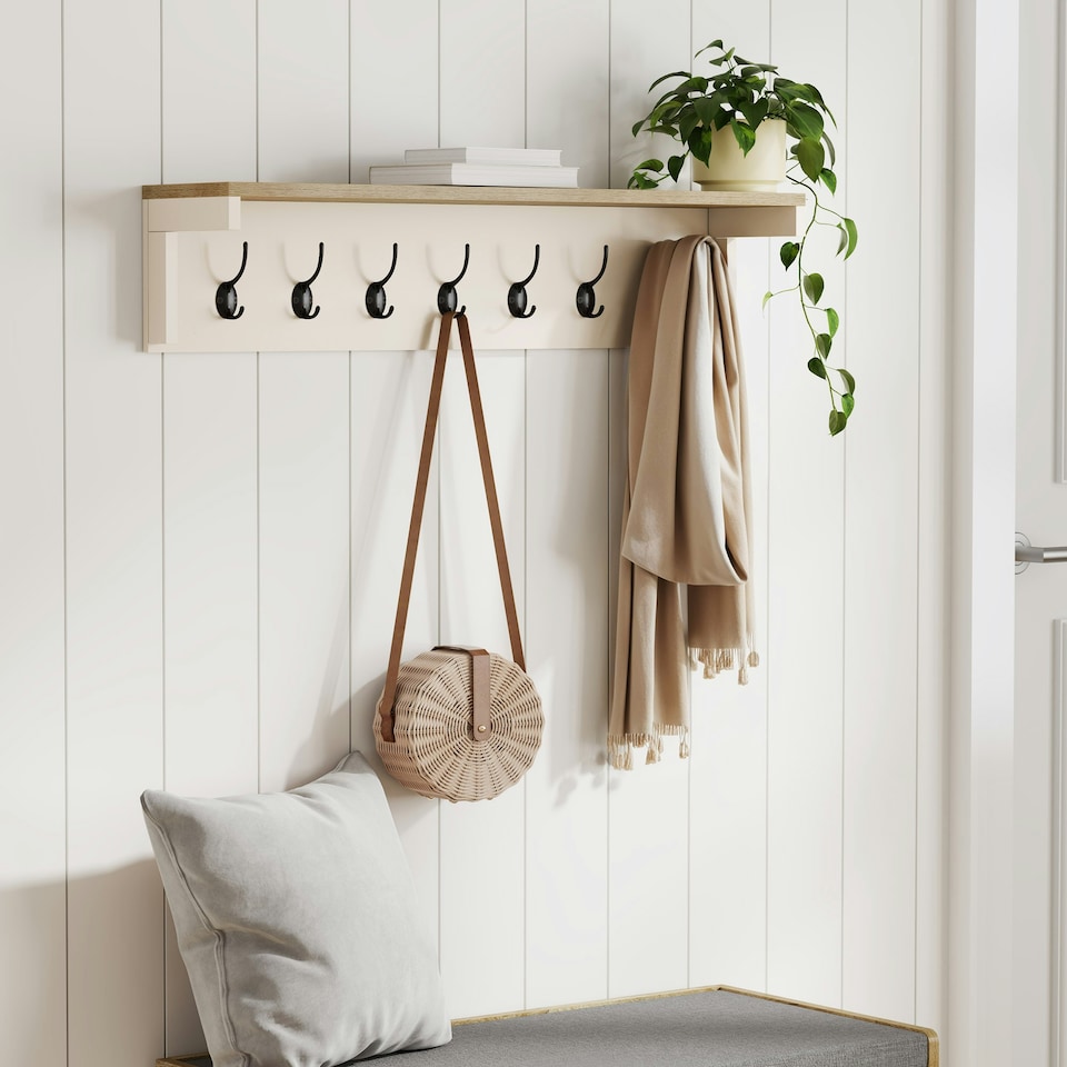image 1 of VonHaus Coat Hooks Wall Mounted with Shelf and 7 Double Hooks Cream | One Size