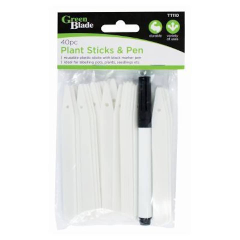 Green Blade 40pc Plastic Plant Marker Set with Pen - White