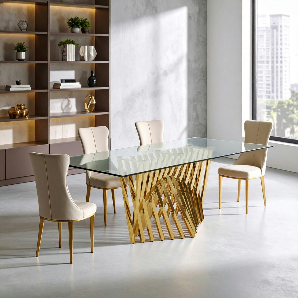 image 1 of Interiors By Premier Contemporary Design Tempered Glass Top Dining Table With Gold Finish Frame, Durable Constructed Dining Table Gold
