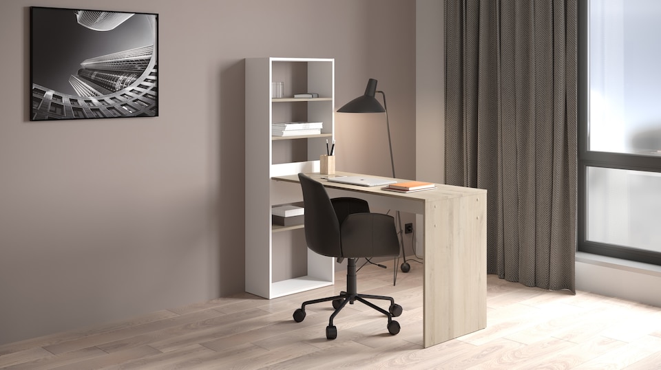 image 1 of FURNICOMP Echo Corner Office Desk with Bookcase - Matt White & Oak