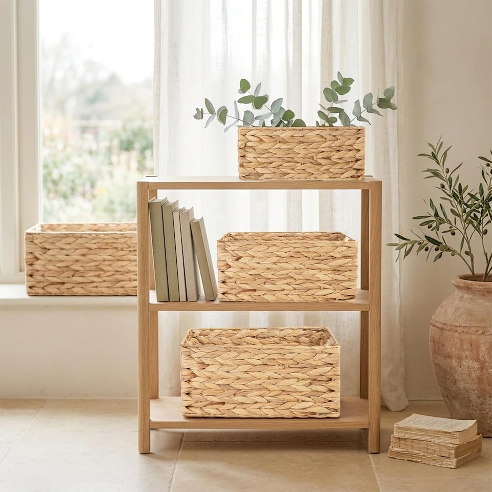 image 1 of Woven Water Hyacinth Organiser Storage Baskets Wicker Hamper Basket With handles Gift Toys Bathroom Basket (Small)