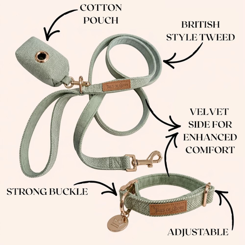 image 1 of Luxury Green Tweed Dog Walking Set - 3 Piece