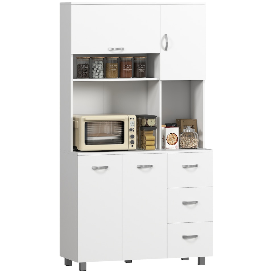 image 1 of HOMCOM Kitchen Cupboard, 183cm Tall Storage Cabinet with Countertop, Sideboard with 3 Small Drawers, Flip Up Top Door, 3 Cabinet Doors and Open Shelves, 100W x 39.5D x 183.5H cm, White