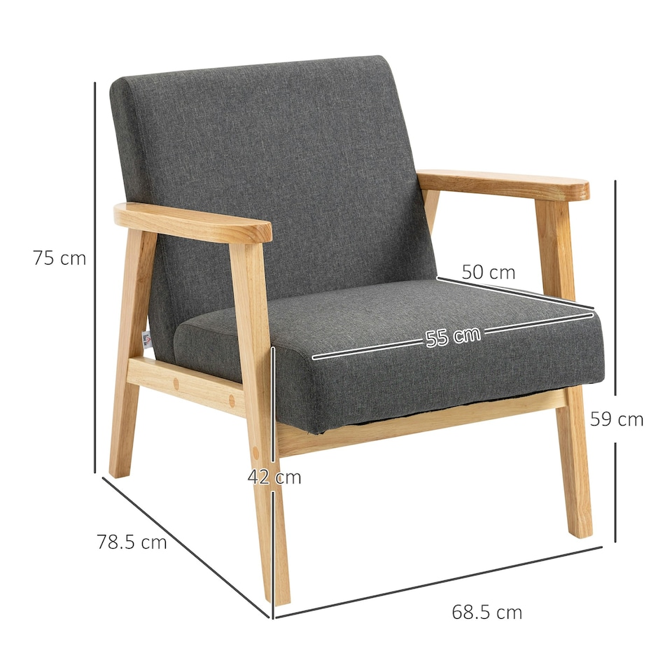 image 1 of HOMCOM Modern Fabric Accent Chair w/ Rubber Wood Legs Padded Grey