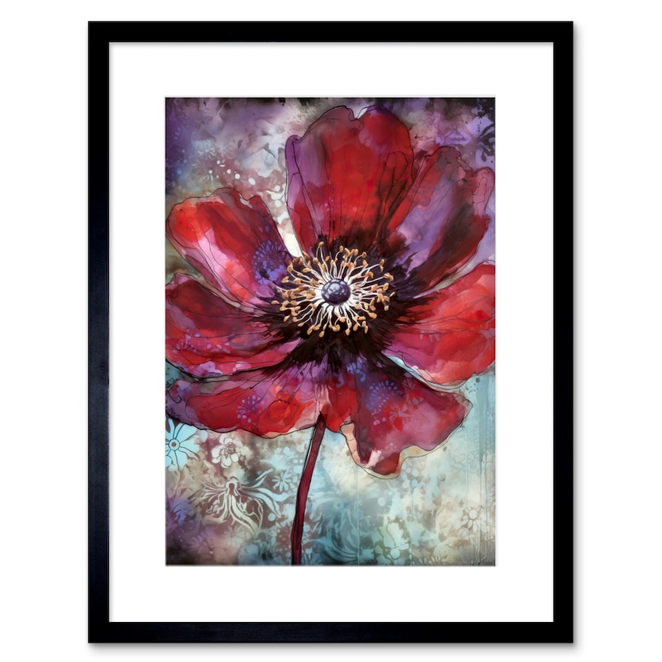image 1 of Red Anemone Flower Bloom Watercolour 9x7" Black Framed Wall Art Print