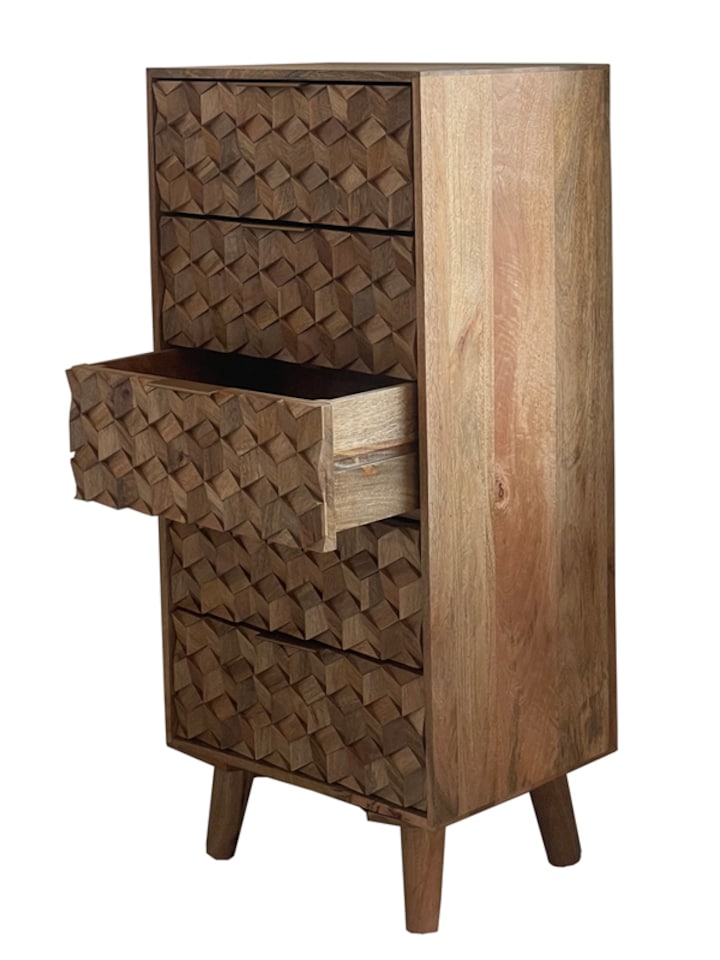 image 1 of Geometric 5 Drawer Tall Chest - Mango Wood - L40 x W55 x H118 cm - Mango Light Finish