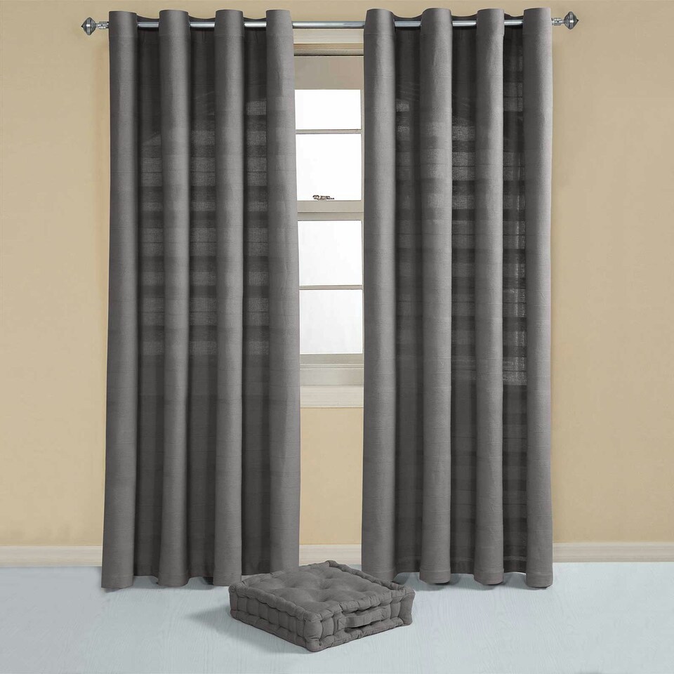 image 1 of Homescapes Cotton Rajput Ribbed Charcoal Grey Curtain Pair - 66 x 72" Drop Grey
