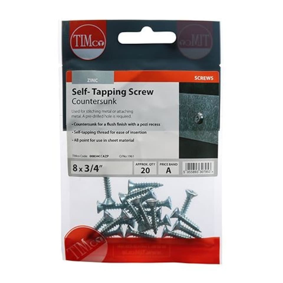image 1 of Timco - Self-Tapping Screws - PZ - Countersunk - Zinc (Size 8 x 3/4 - 20 Pieces)