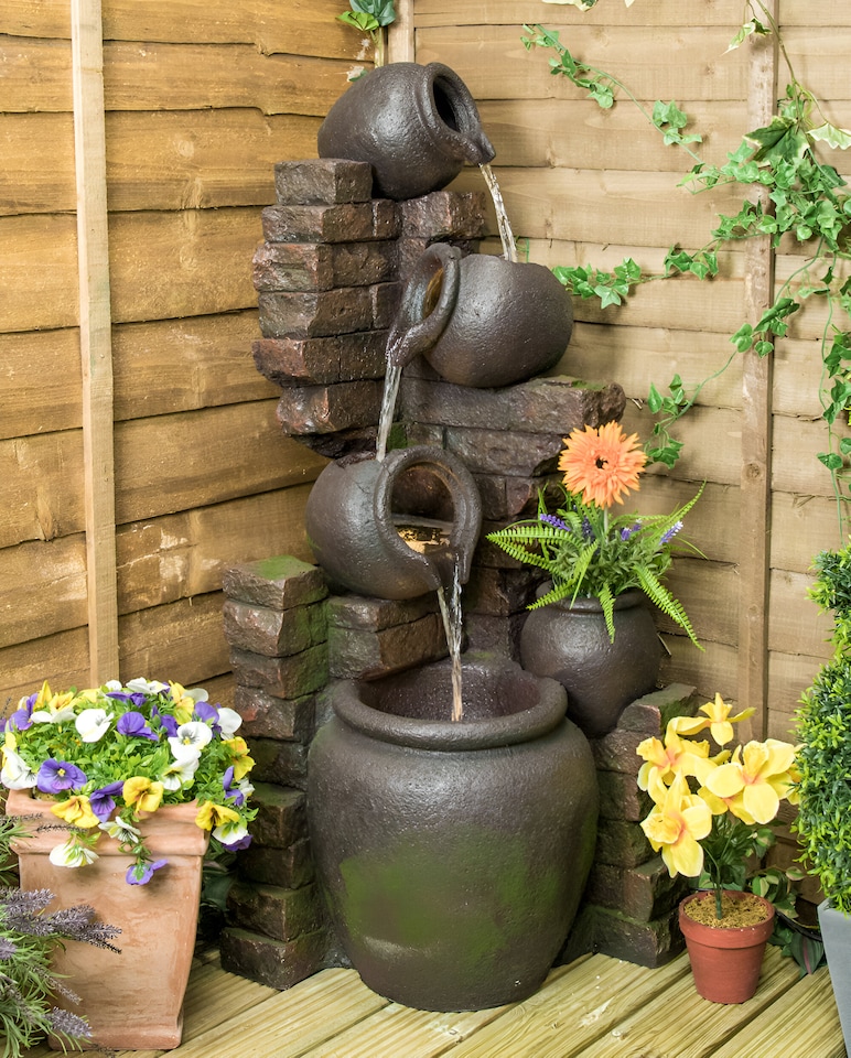 image 1 of York 3-Tier Cascading Jars Garden Outdoor Water Feature Fountain & Planter with Lights H120cm