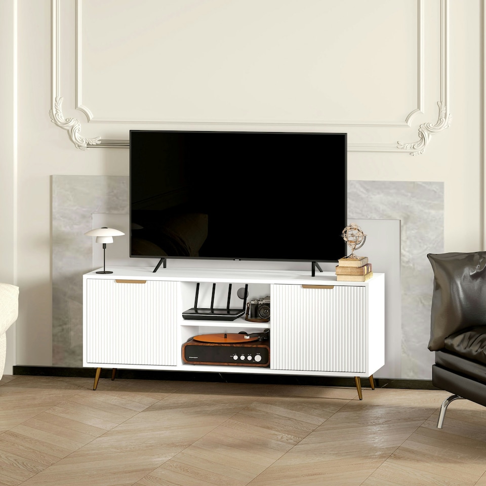 image 1 of HOMCOM Modern TV Stand Cabinet with Storage for Living Room, White