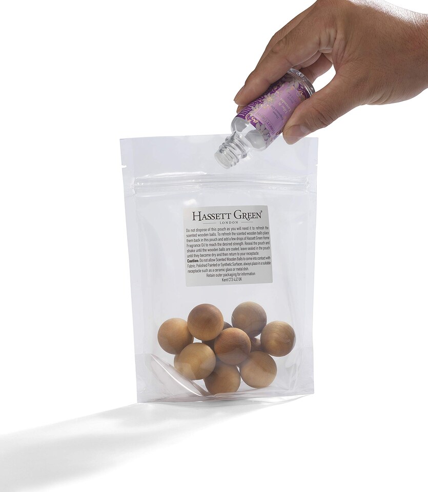 image 1 of Hassett Green London - Harmony Lily, Violet & Jasmine - Scented Wooden Balls Pack of 12 plus 30ml Bottle of Home Fragrance Oil for Refreshing - Alternative to Pot Pourri