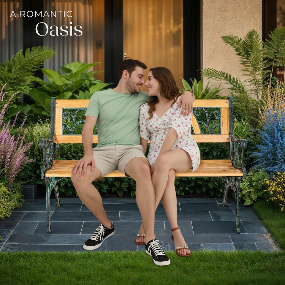 image 1 of Garden Bench Kathi - 2-seater, wood, cast iron, 124 x 60 x 83 cm | Brown | brown | 1