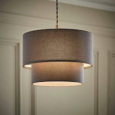 ValueLights Jodie Two Tier Grey Linen Drum Lamp Shade and Bulb Grey