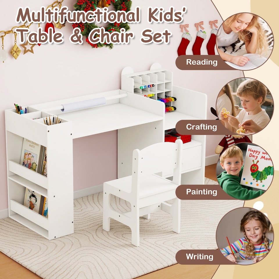 image 1 of COSTWAY Kids Art Table & Chair Set Toddler Desk White