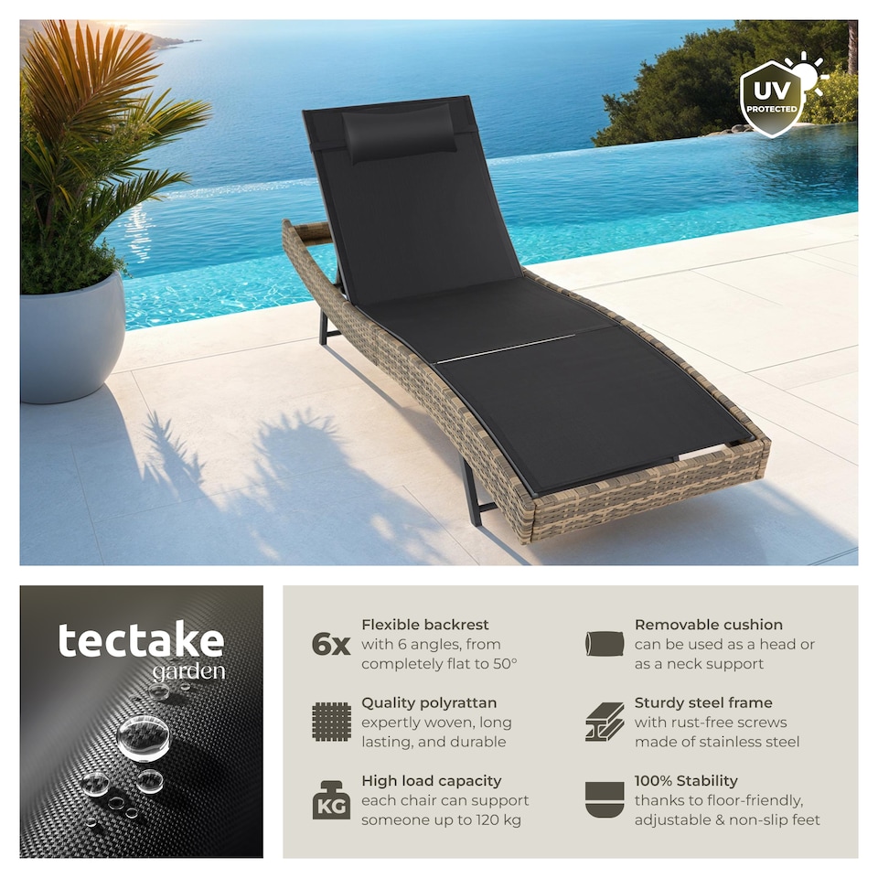 image 1 of Sun Lounger Weatherproof And UV-resistant 6 step Adjustable Backrest Poly Rattan | Cream | nature | 1