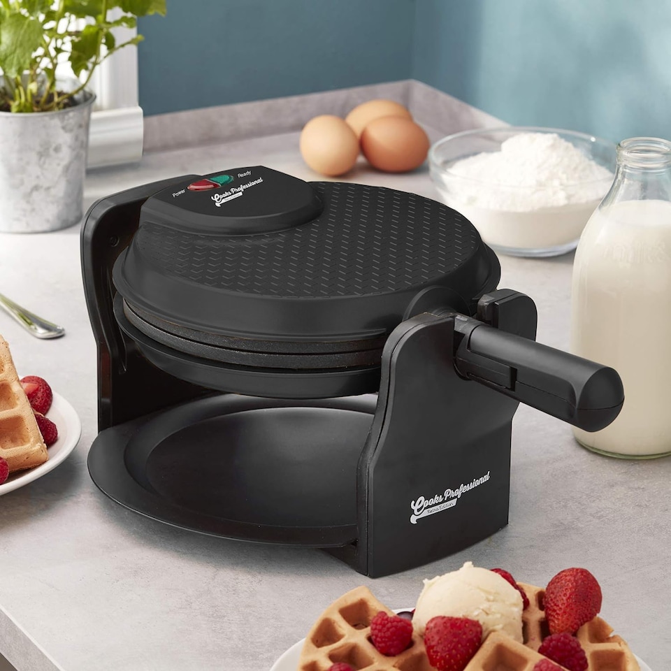 image 1 of Cooks Professional Rotary Belgian Waffle Maker Machine with Non-Stick Plates & Drip Tray | Black