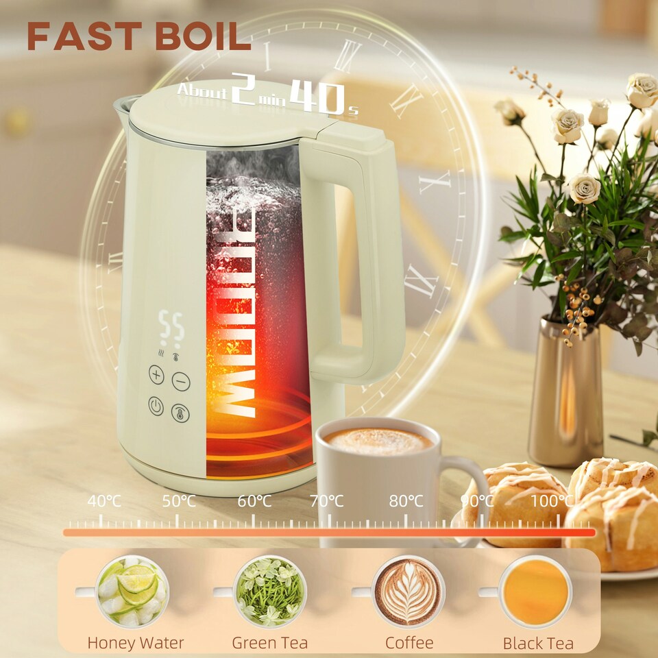 image 1 of HOMCOM 1.5L 3000W Fast Boil Electric Kettle and 2 Slice Toaster Set, Beige