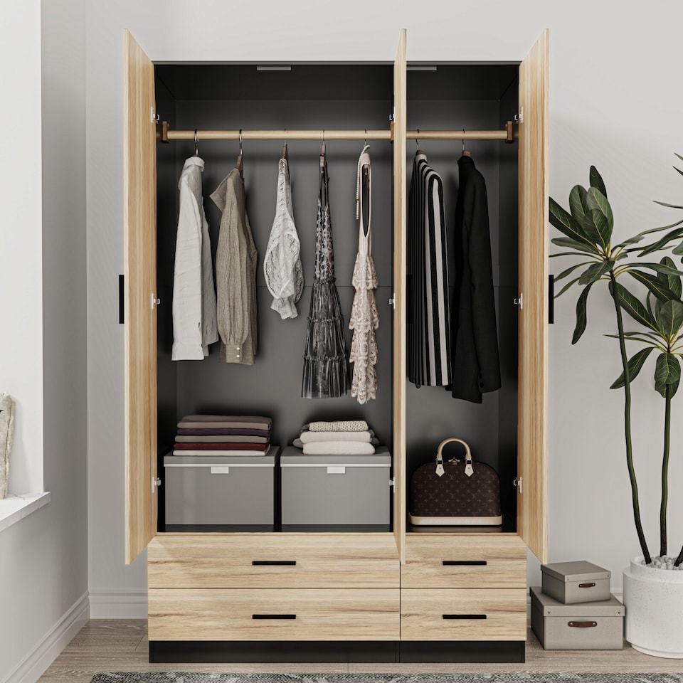 image 1 of 3 Door 4 Drawer Wardrobe With Hanging Rail And Storage Shelf | Black | Black Carcass & Oak Door | 1