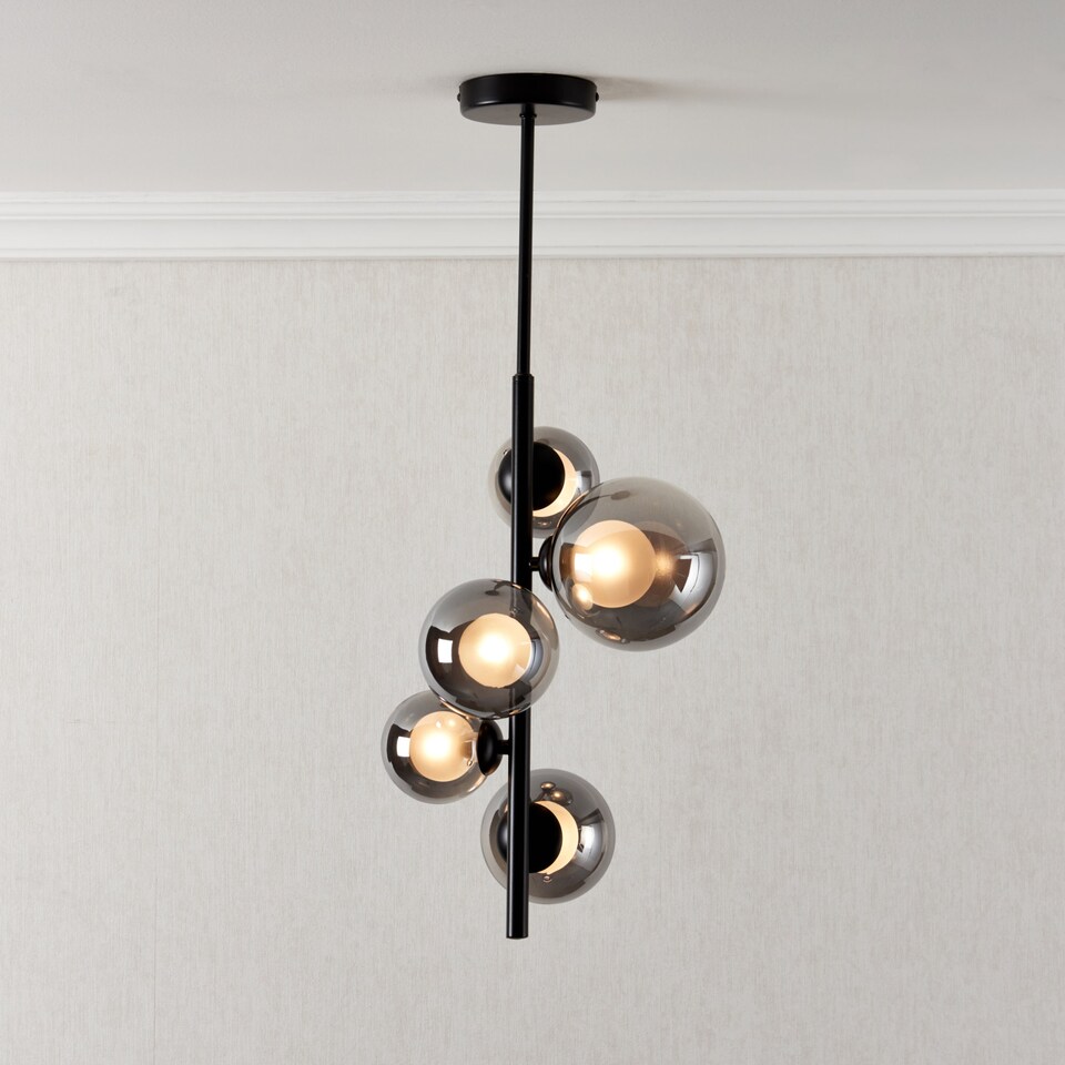 image 1 of Set of 2 Cole - Black with Smoke Glass 5 Light Ceiling Pendants