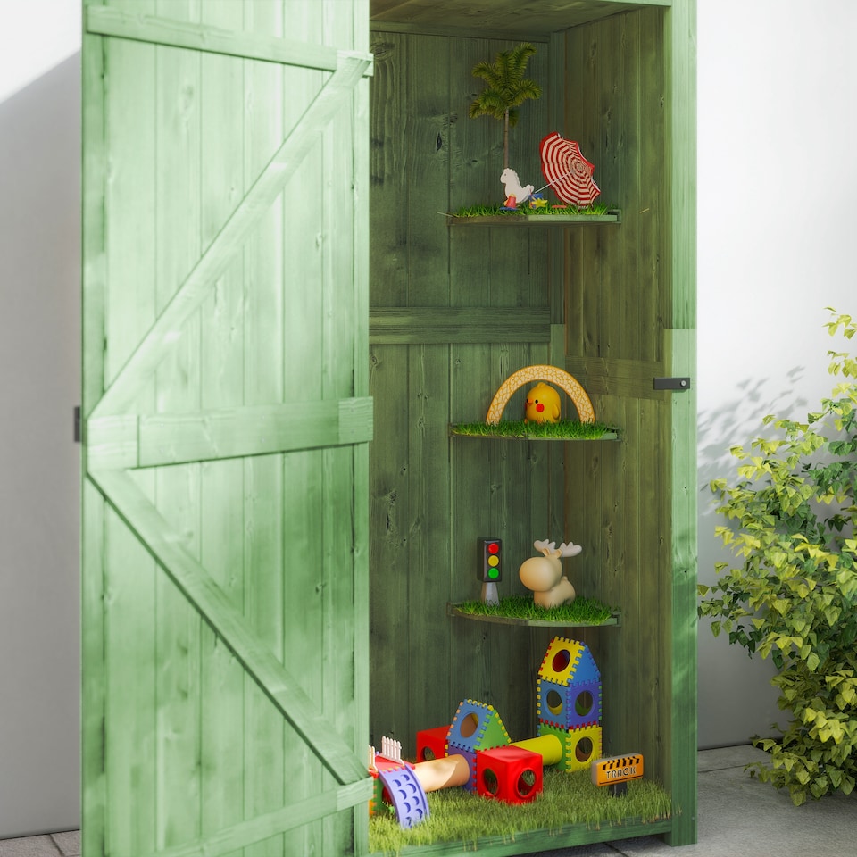 image 1 of Outsunny Small Shed, Tall Slim Wooden Garden Shed with 3 Removable Shelves and Roof Hatch, Compact Outdoor Tool Storage Cabinet with Asphalt Roof and Door Latch, 77 x 54.2 x 179 cm, Green