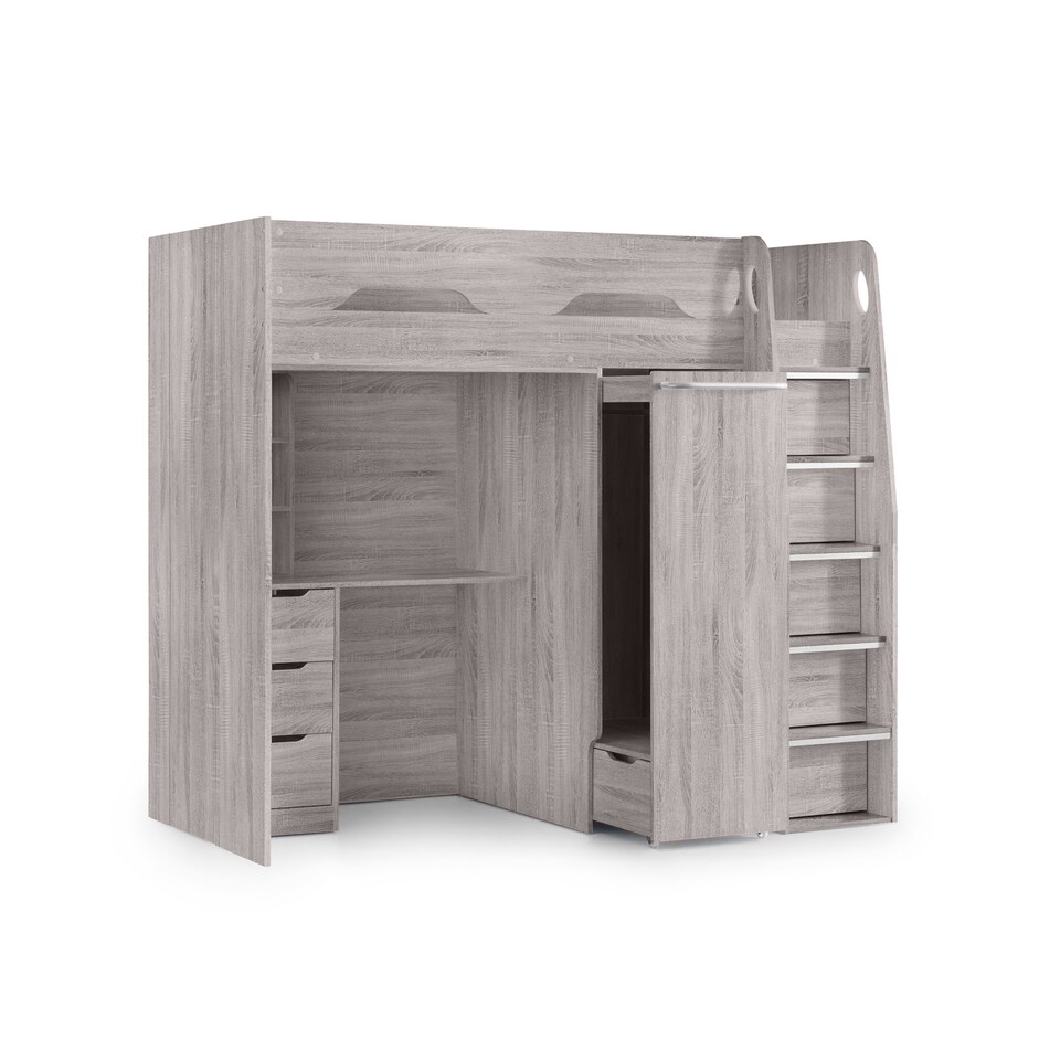 image 1 of Pegasus 90cm Single Grey Oak Effect Highsleeper Loft Bed with Desk